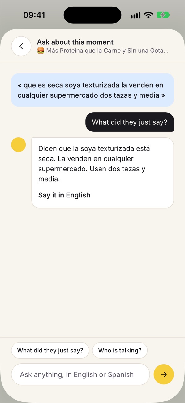 Ask about this moment: the question and an answer in simple Spanish about the exact sentence.