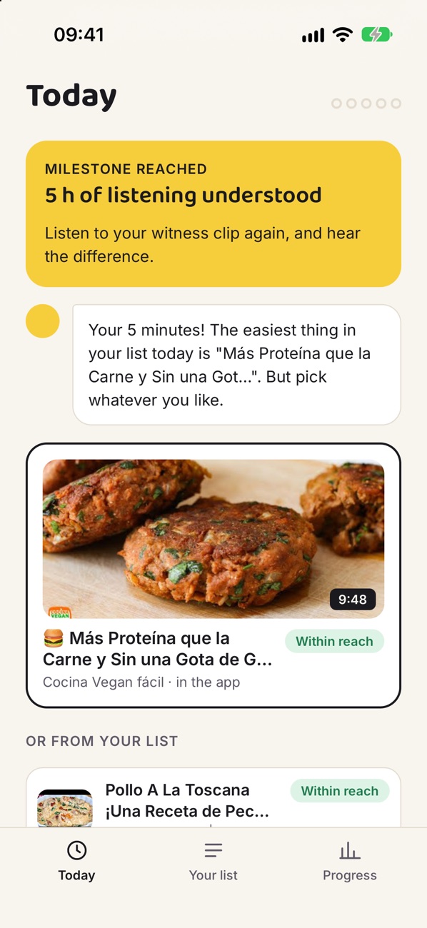 Capiche on an iPhone: Today, with a milestone reached, the copilot's suggestion from the person's own list, and a Spanish cooking video within reach.